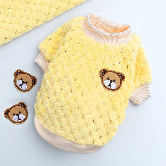 Yellow winter pet sweater with bear face design, made from high-quality fleece for small and medium pets.