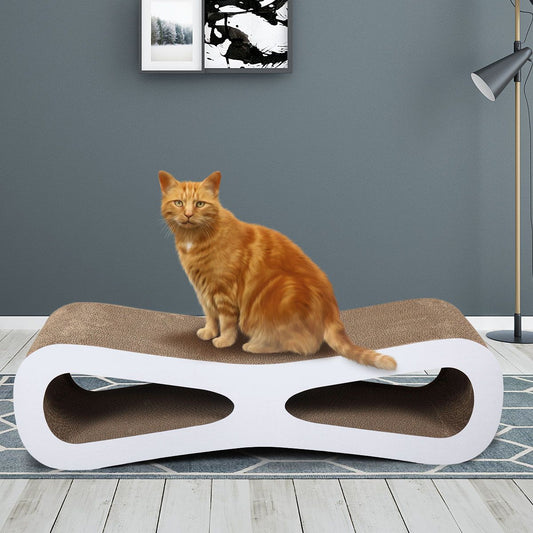 Cat-eyed cat scratcher lounge in original wood color made of non-toxic corrugated board with catnip pack