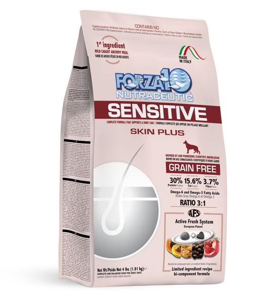 Sensitive dog skin 25lb grain-free food for skin sensitivities such as hot spots, odors, and fur issues.