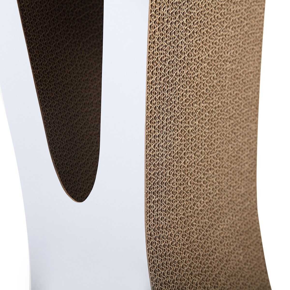 Cat-eyed cat scratcher lounge in original wood color made of BC corrugated board with included catnip for furniture protection