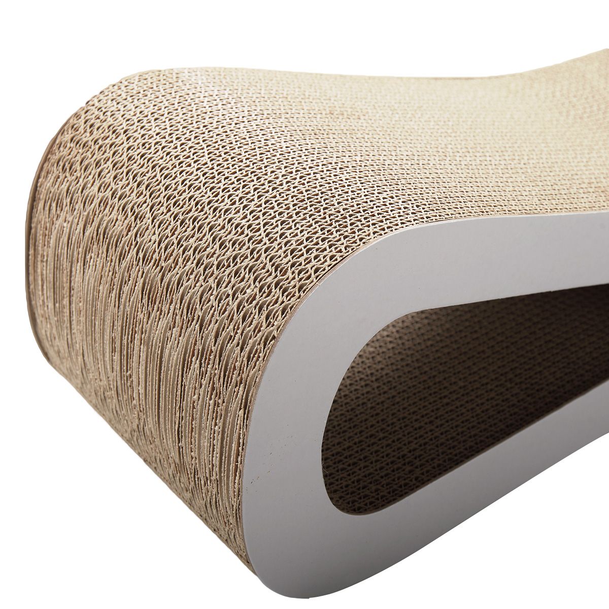 Cat-eyed cat scratcher and lounge in original wood color protecting furniture with non-toxic corrugated board