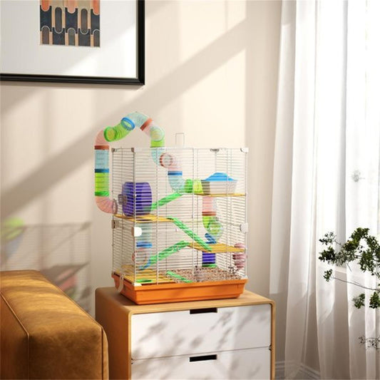 Multi-tier hamster cage with tubing system and accessories in orange, white, yellow, and green colors