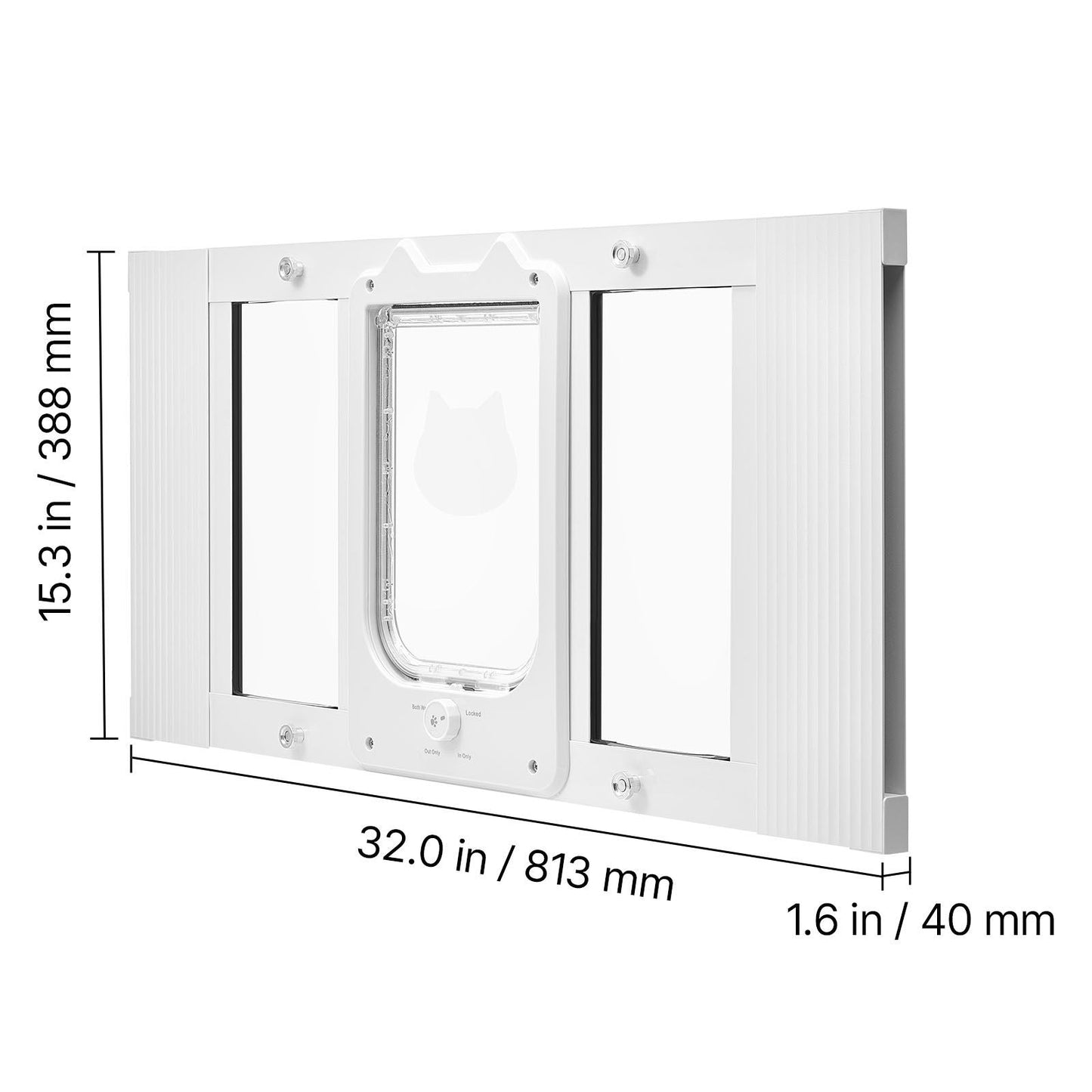 Cat door for window with adjustable aluminum frame, high-transparency glass, magnetic closure, and four secure lock modes in white