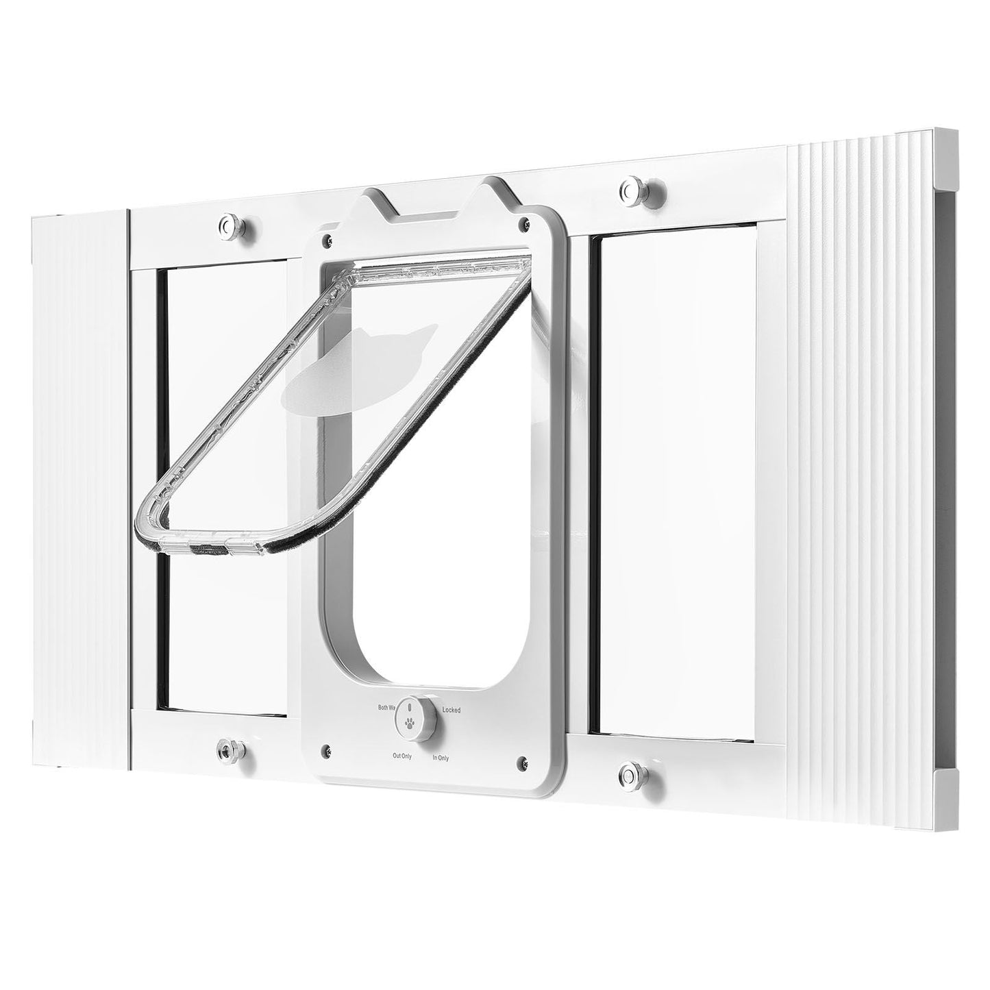 White adjustable cat door for window 27-32 inches with aluminum frame, high-transparency glass, magnetic closure, and 4 secure lock modes