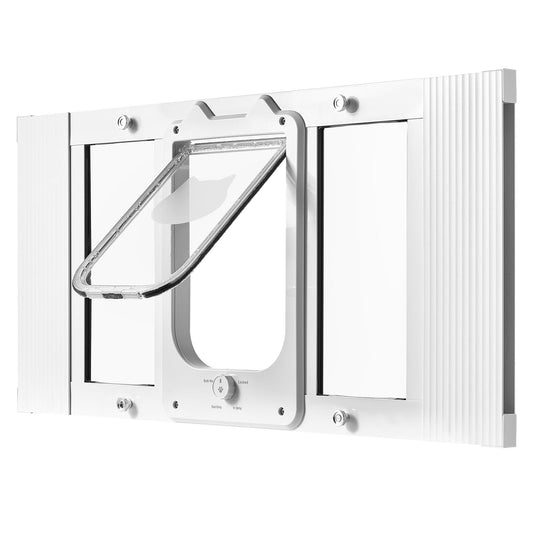 White adjustable cat door for window 27-32 inches with aluminum frame, high-transparency glass, magnetic closure, and 4 secure lock modes