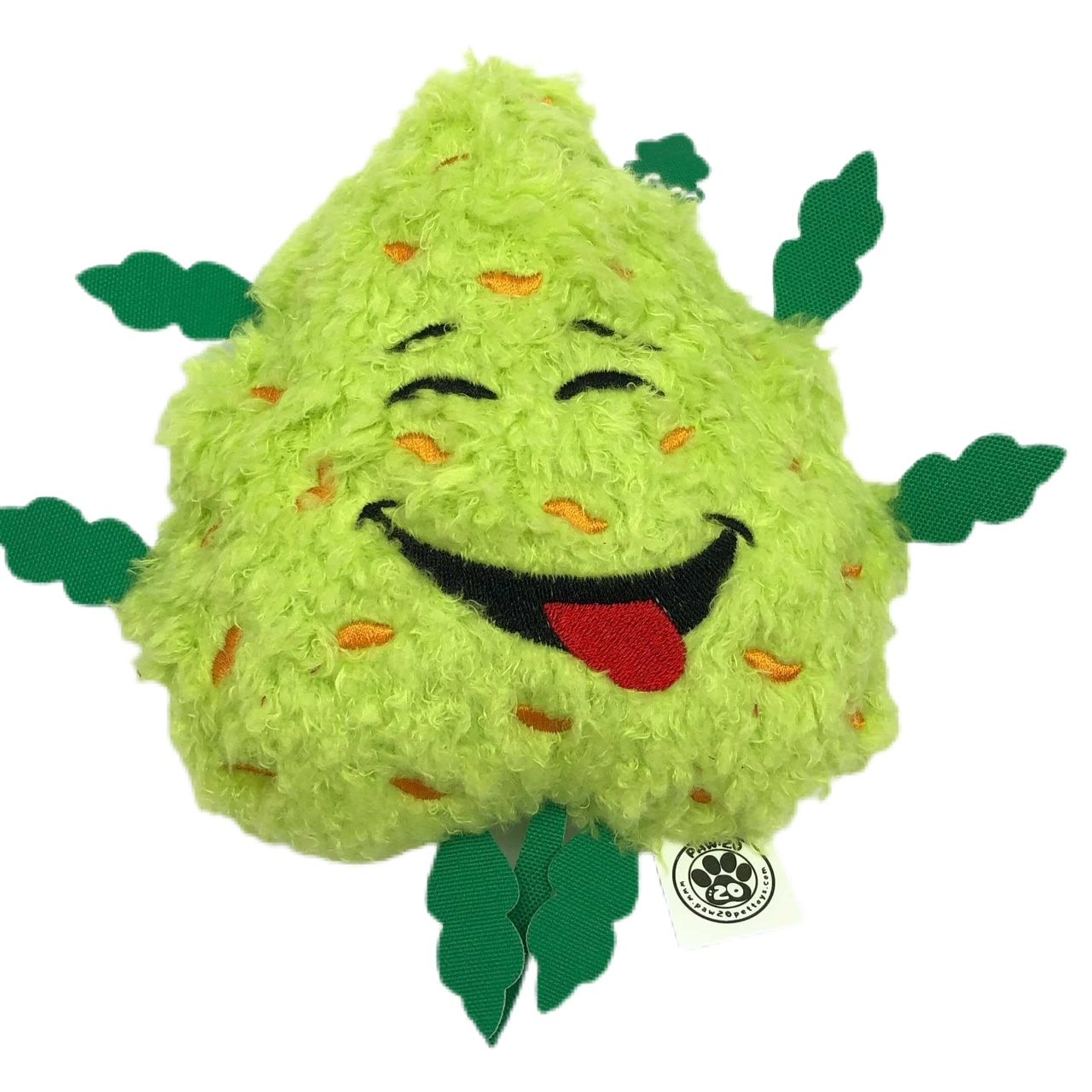 Bud the Weed Nug plush squeaky dog toy with whimsical expression and green fleece, suitable for all breeds.