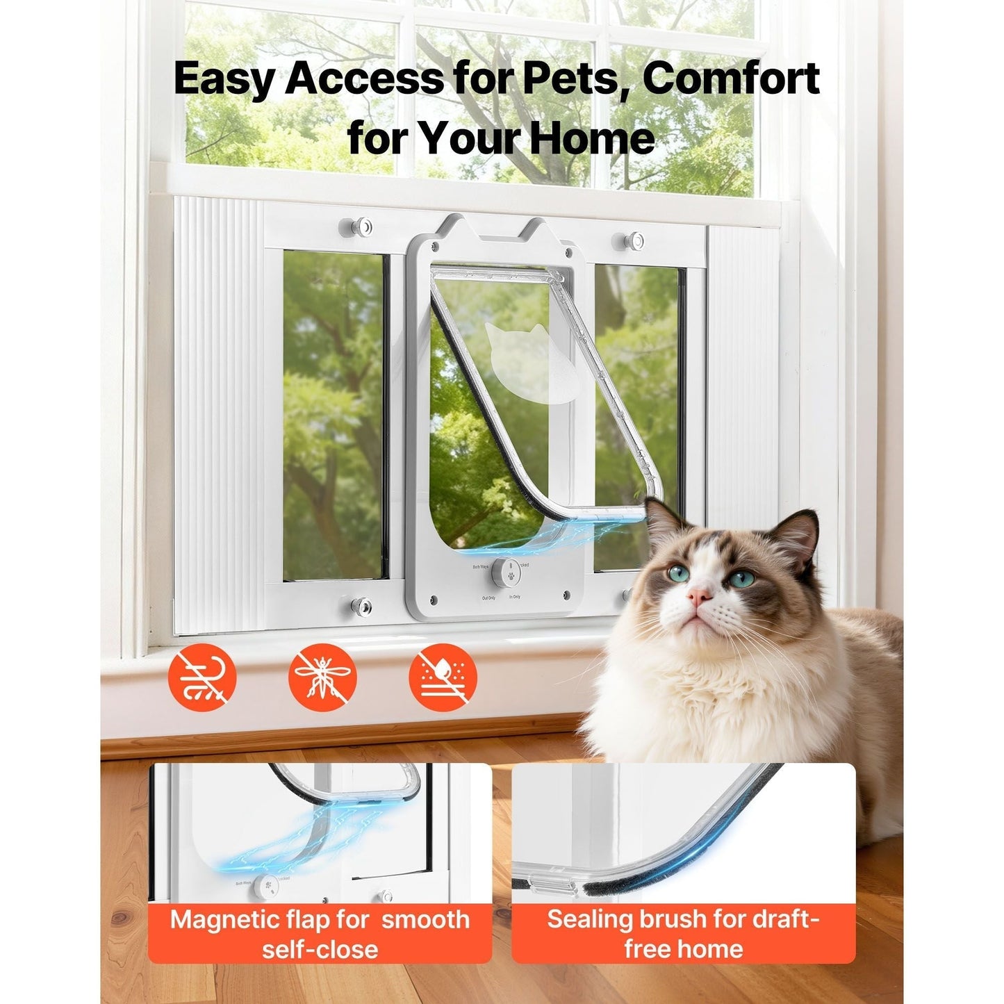 White adjustable cat door for window 27-32 inches with aluminum frame, high-transparency glass, magnetic closure, and four secure lock modes