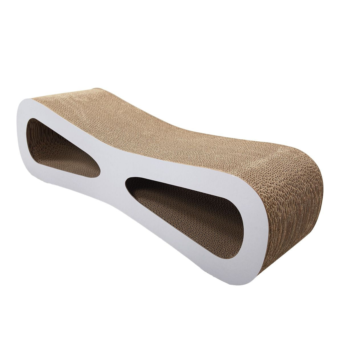 Cat-eyed cat scratcher lounge in original wood color made of non-toxic corrugated board with catnip included