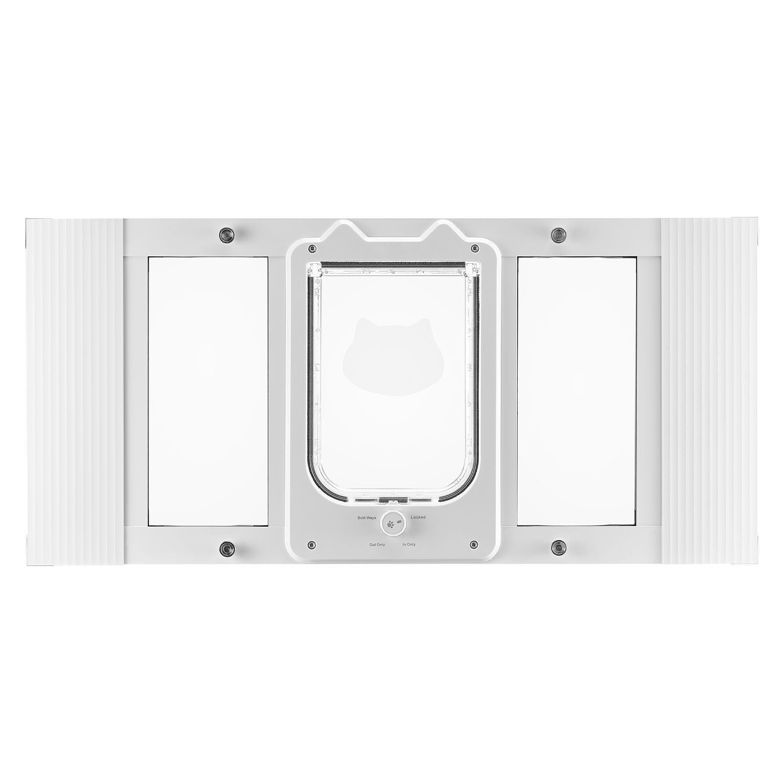 White adjustable cat door for window with aluminum frame, clear glass, magnetic closure, and four secure lock modes