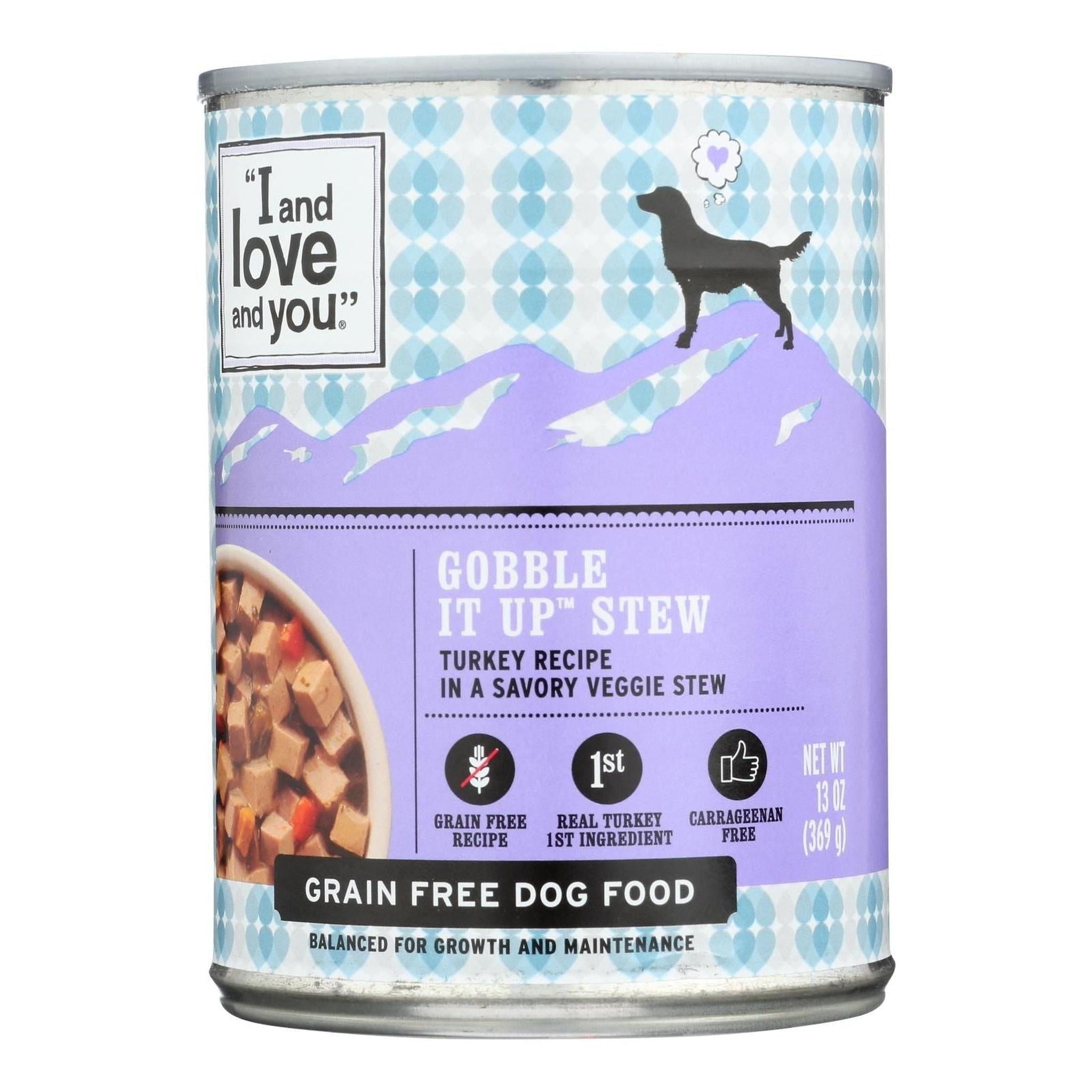 Grain-free Gobble Up Turkey Stew wet dog food can with real turkey and veggies.