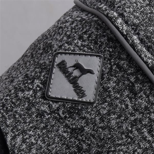 Water-repellent softshell dog jacket with patch detail, gray fabric.Water Repellent Softshell