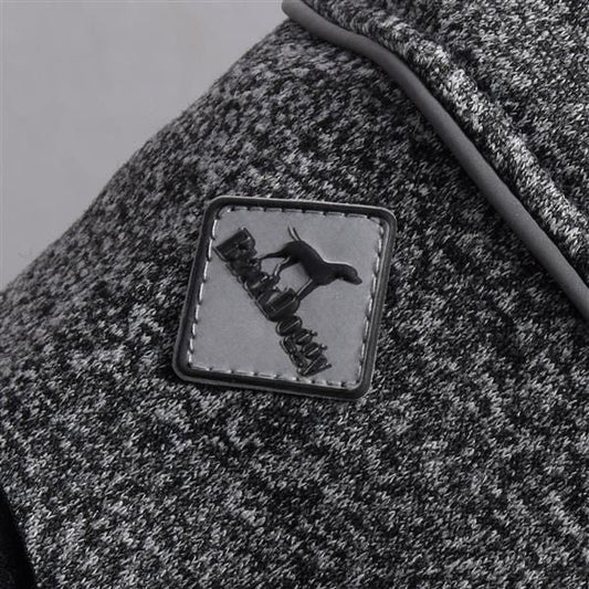 Water-repellent softshell dog jacket with patch detail, gray fabric.Water Repellent Softshell