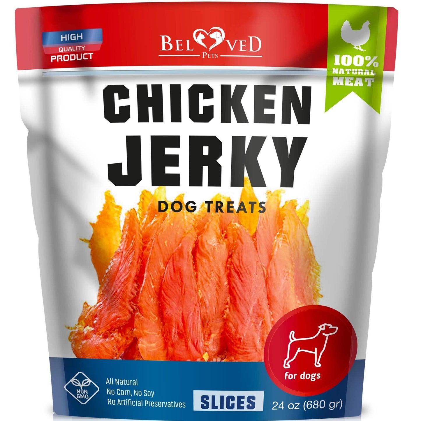 Chicken jerky dog treats made from 100% natural meat, grain-free, and high-protein slices for dogs.