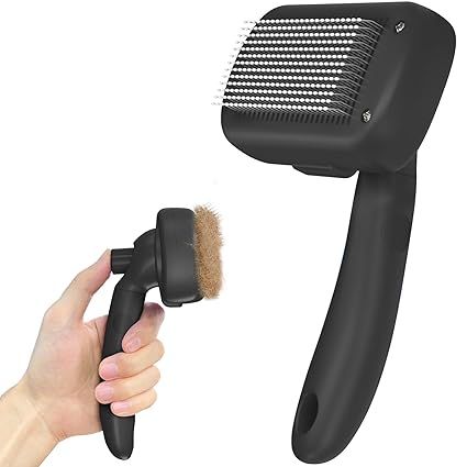 Shedding brush grooming tool with stainless steel edge and ergonomic handle for dogs