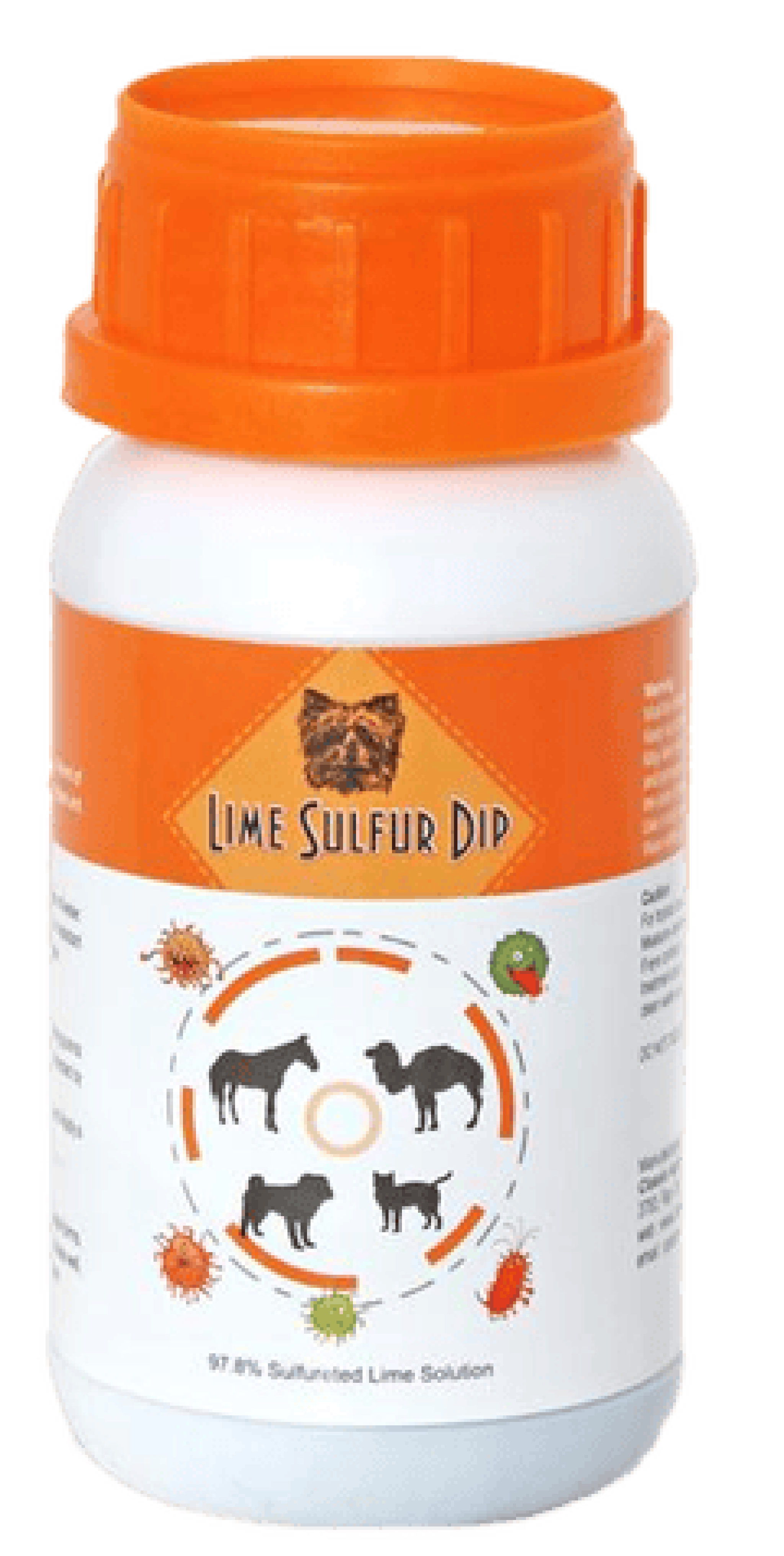 Lime Sulfur Dip bottle for antifungal and antiparasitic treatment in pets.