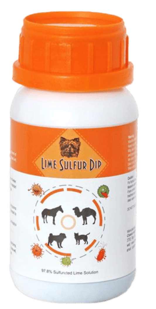 Lime Sulfur Dip bottle for antifungal and antiparasitic treatment in pets.