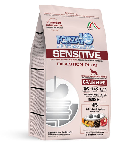 Sensitive Dog Digestion 25lb bag designed for dogs with sensitive stomachs, features prebiotics, probiotics, and a hypoallergenic formula.