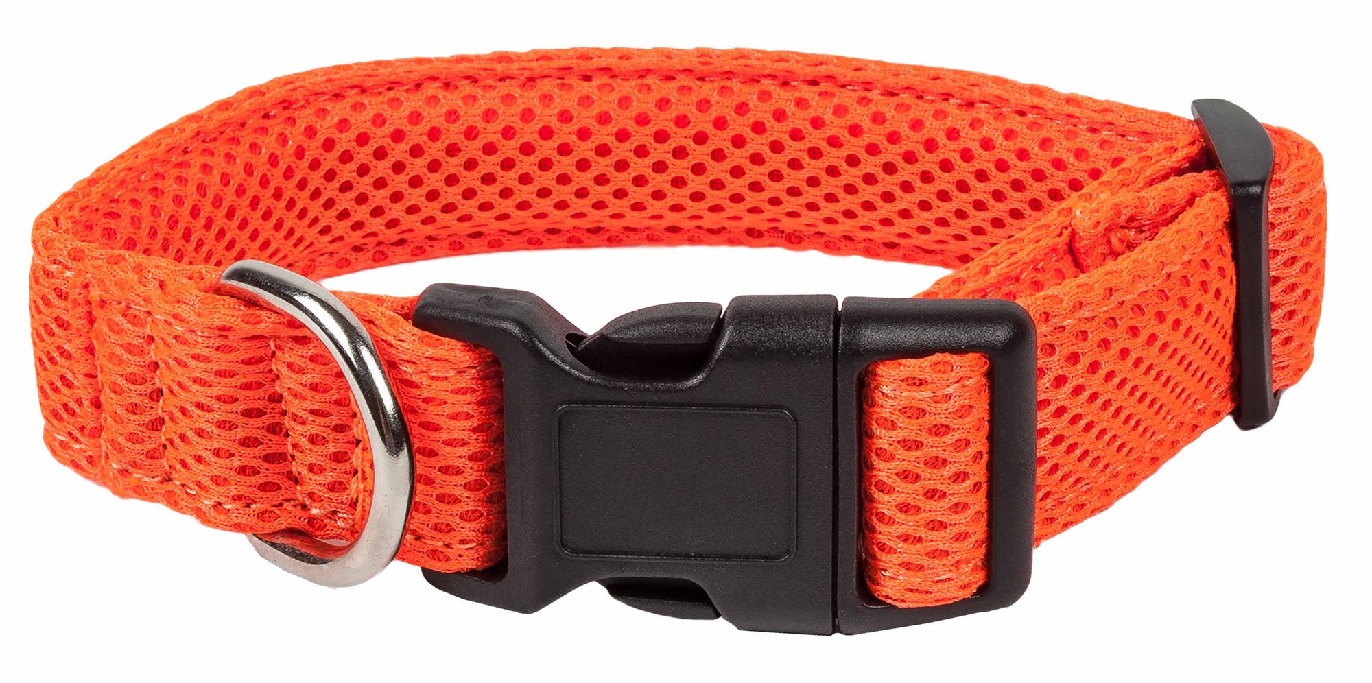 Orange FeatherFit Mesh Comfort Collar with adjustable design and quick-release buckle, ideal for pets of all sizes.