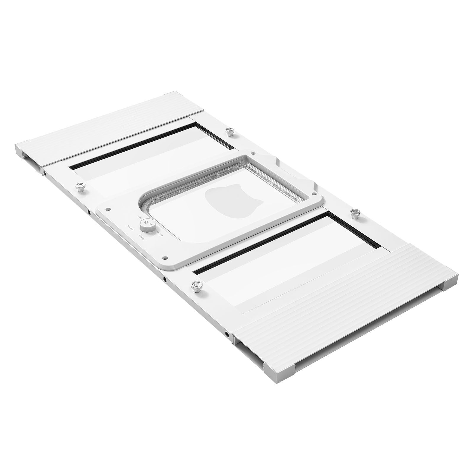 White adjustable cat door for window 27-32 inches with aluminum frame, high-transparency glass, magnetic closure, and 4 secure lock modes