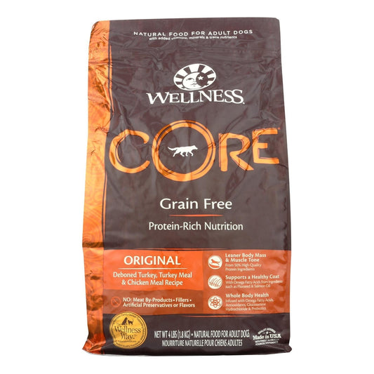 Wellness Pet Products Dog Food packaging, grain-free formula, high-quality protein.