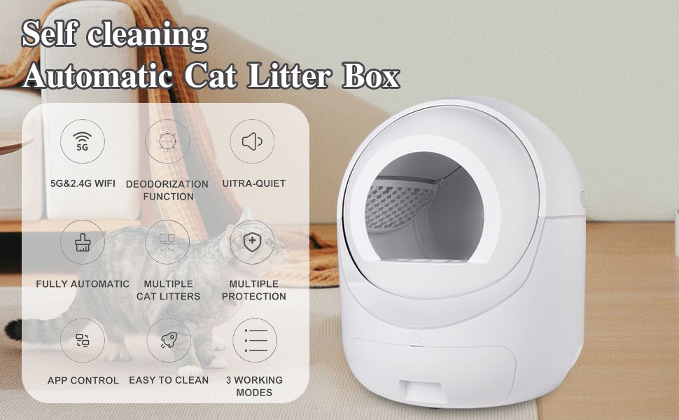 Automatic Cat Litter Box for Multiple Cats, 5G/2.4G WiFi, Double Odor Removal