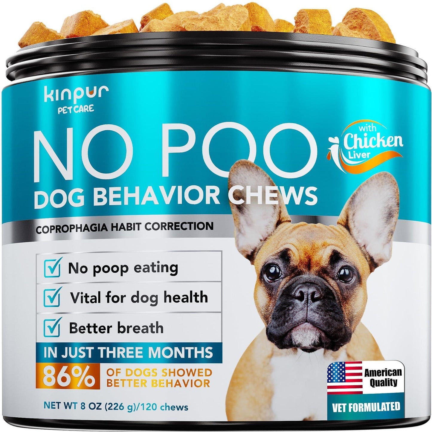 Kinpur Petcare No Poo Dog Behavior Chews container with a dog on the label