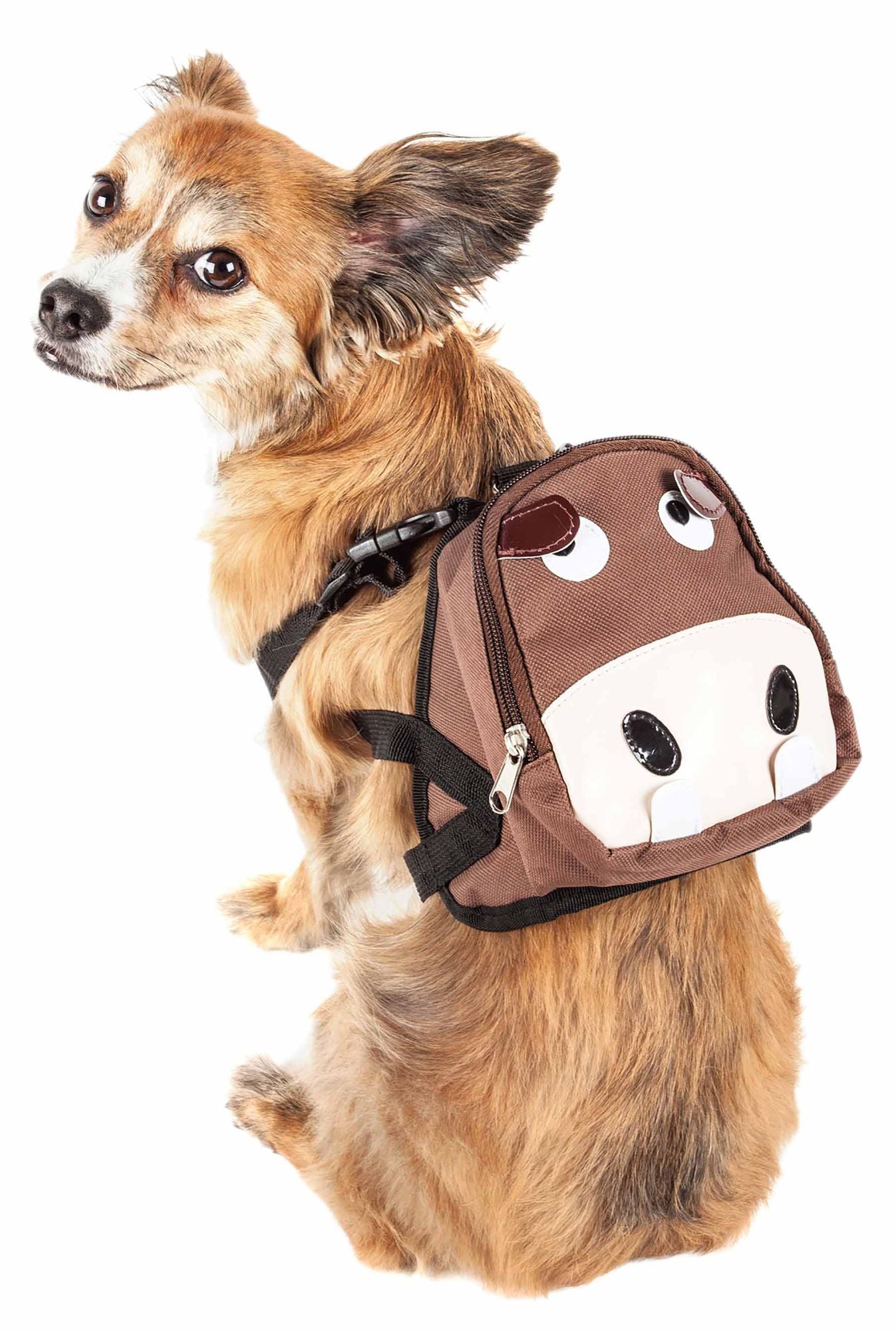 Dog wearing Pet Life 'Mooltese' large-pocketed compartmental animated harness backpack with cow-face design.
