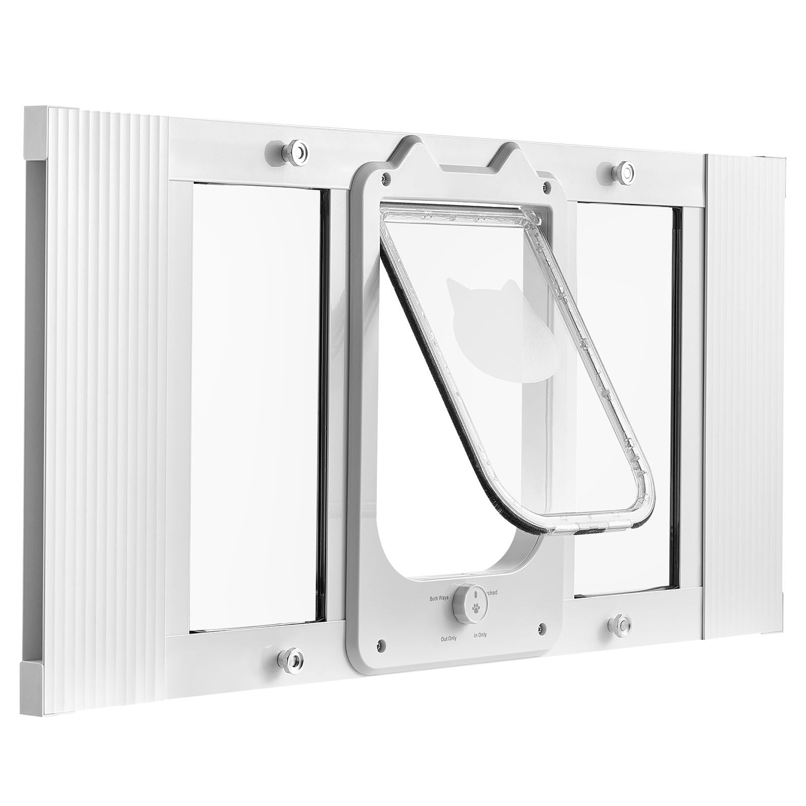 White adjustable cat door for window 27-32 inches with aluminum frame, magnetic closure, and secure lock modes
