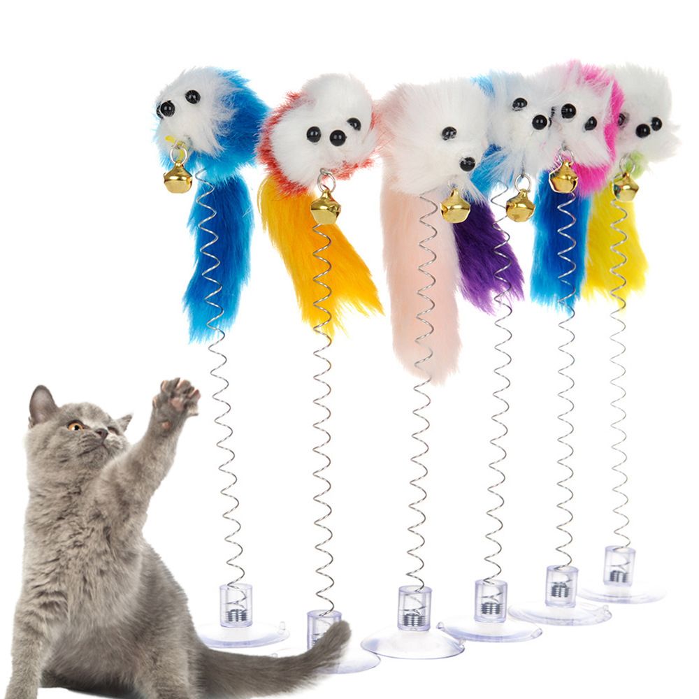 Cartoon Pet Cat Toy featuring white plush mouse heads, bright feather tails, small gold bells, and spring-mounted suction bases.