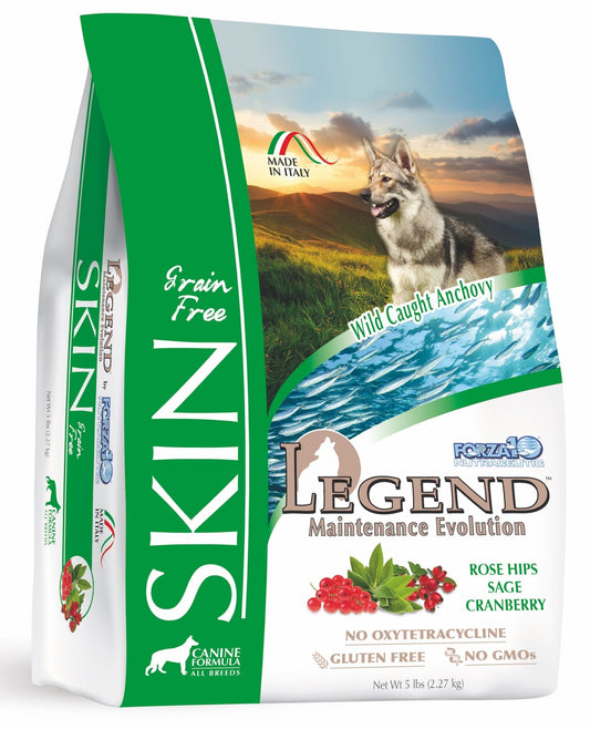 Legend Dog Skin 5lb premium diet for skin and coat health, with omega fatty acids and natural ingredients.