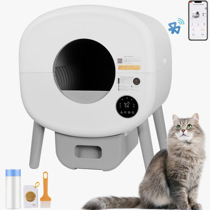AutoPurr Self-Cleaning Cat Box with smart sensors and odor control, ideal for multiple cats, shown next to a cat.