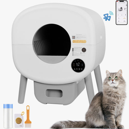 AutoPurr Self-Cleaning Cat Box with smart sensors and odor control, ideal for multiple cats, shown next to a cat.
