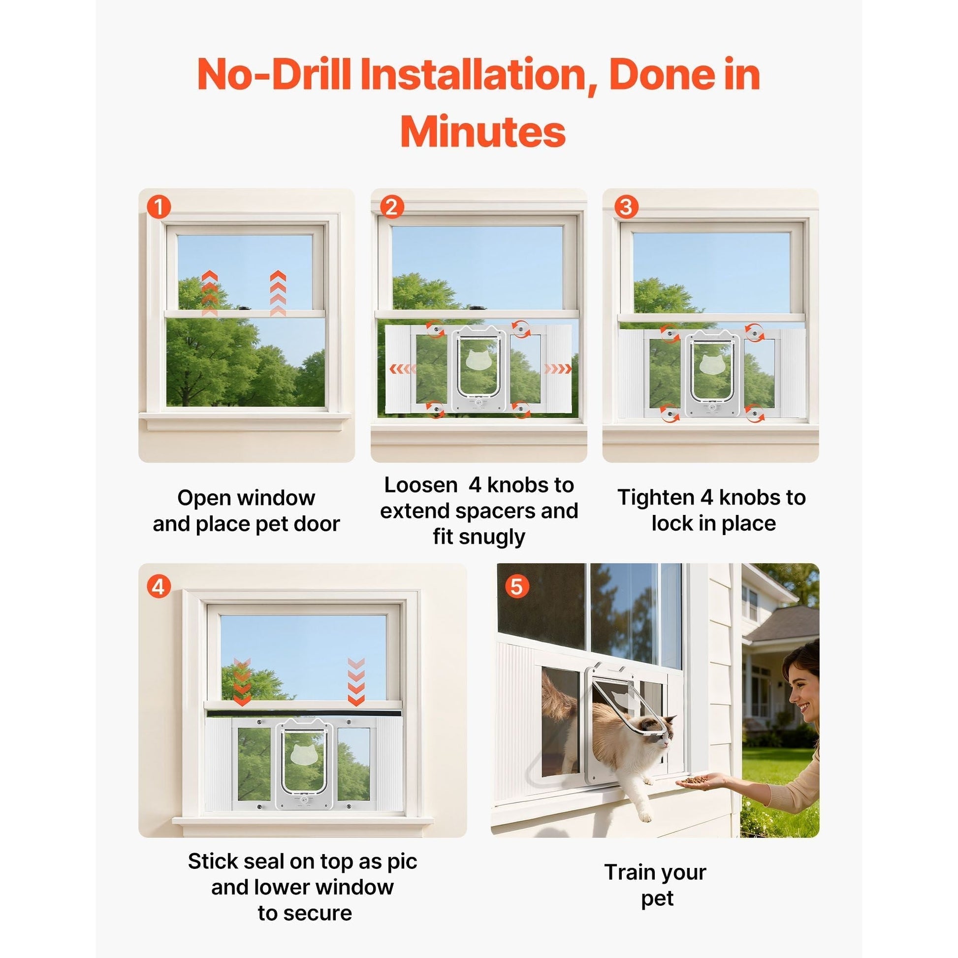 Adjustable white cat door for window with aluminum frame, four lock modes, magnetic closure, and weatherproof glass panel