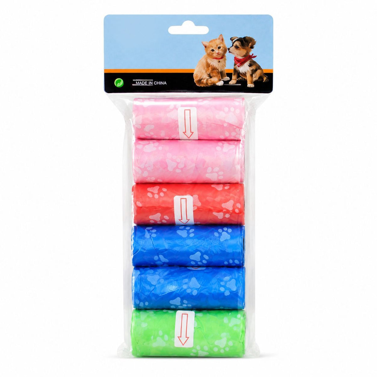 6 Rolls Eco-Friendly Pet Waste Bags in pink, red, blue, and green plastic rolls with paw-print patterns and dispensing arrows