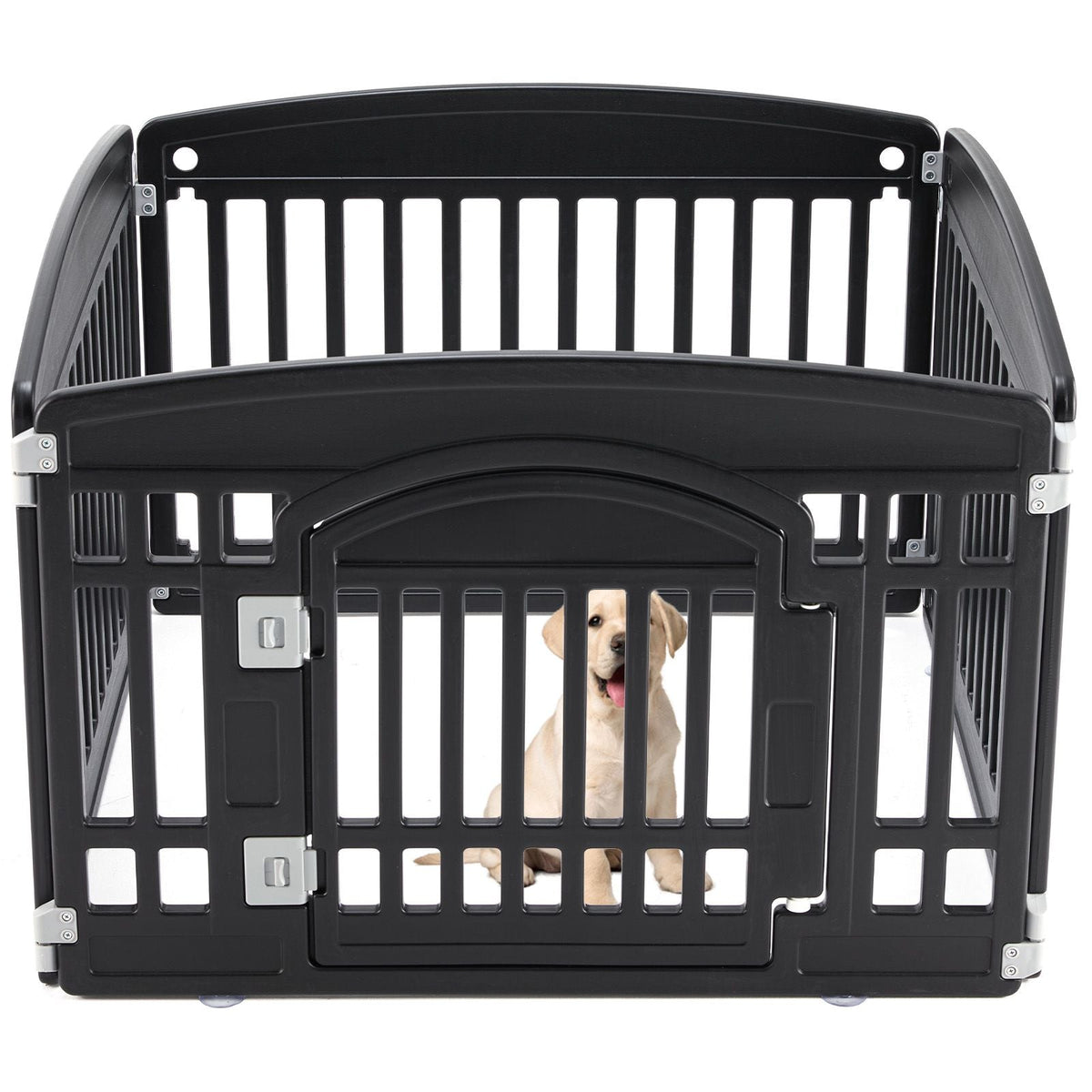 Black plastic Dog Playpen Safe & Secure with folding slatted panels, silver hinges and a front gate, enclosing a small dog.