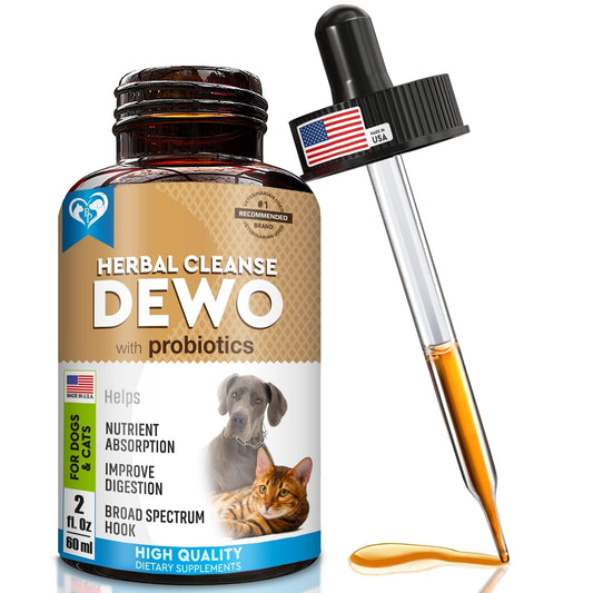 Herbal medicine for cats and dogs with probiotics for digestion and worm treatment dietary supplement bottle with dropper