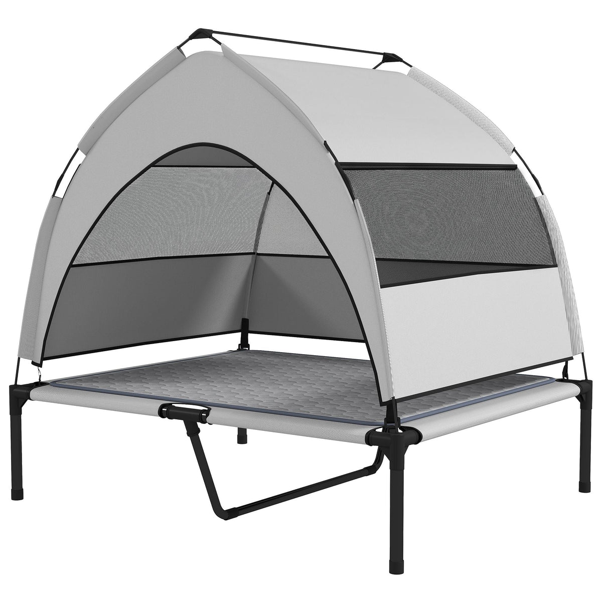 Elevated Dog Bed with Removable Canopy, light gray and black fabric with mesh panels, raised cot and shaded shelter.