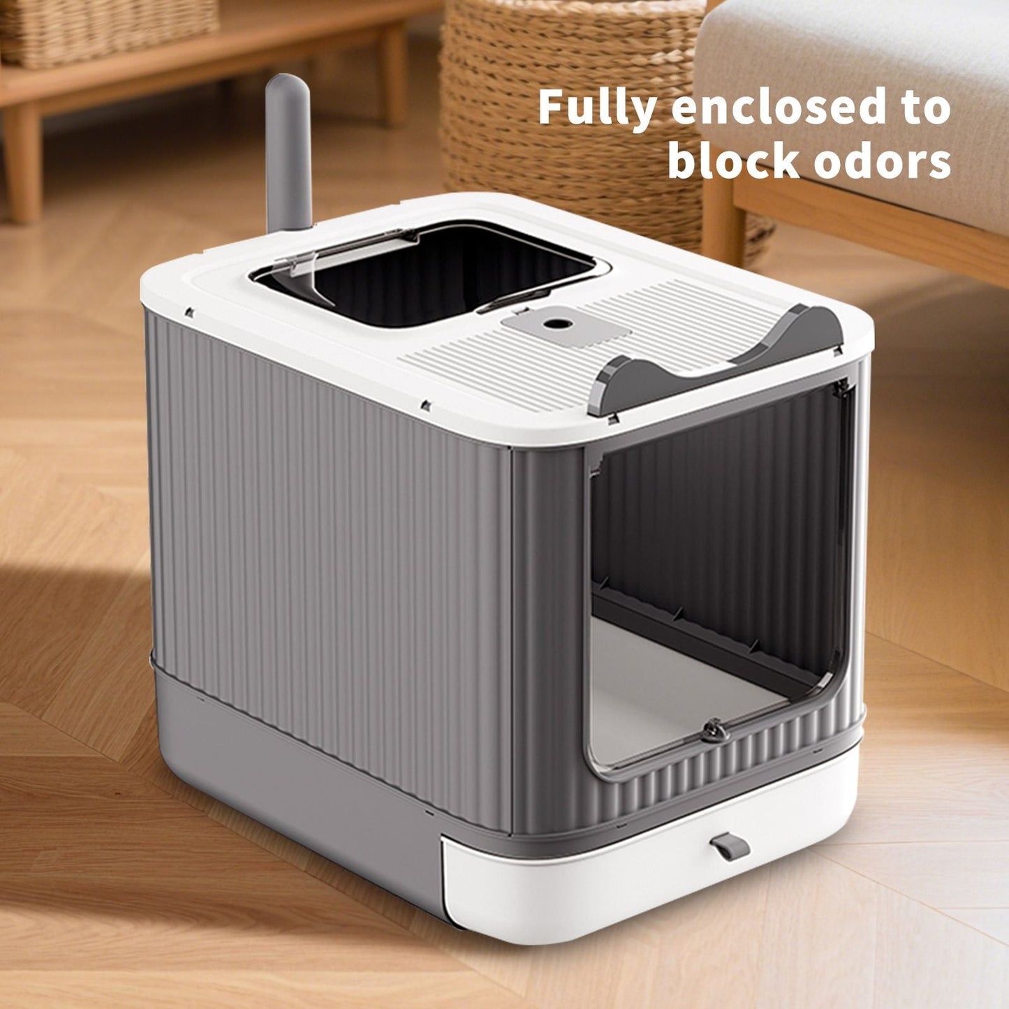 Drawer style cat litter box with foldable collapsible design in neutral colors