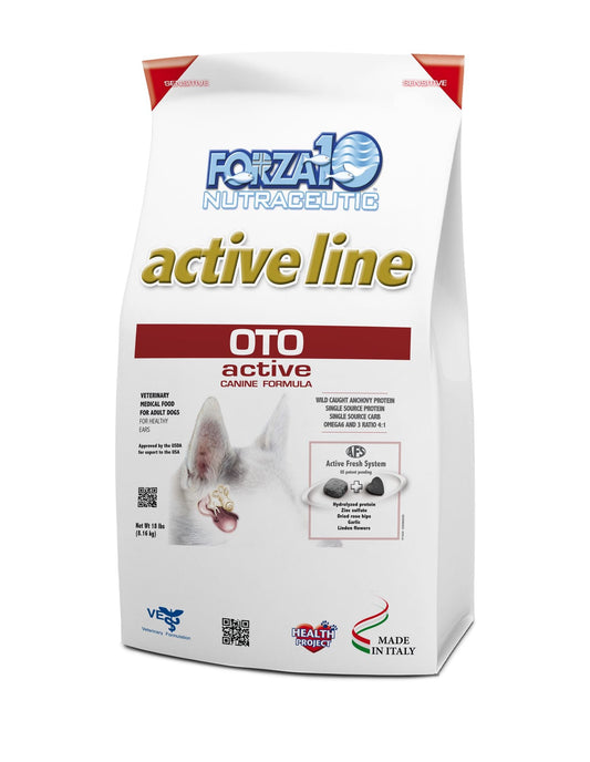 Active Dog Oto 18lb bag, formulated for ear health and allergies, featuring high-quality, antibiotic-free protein.