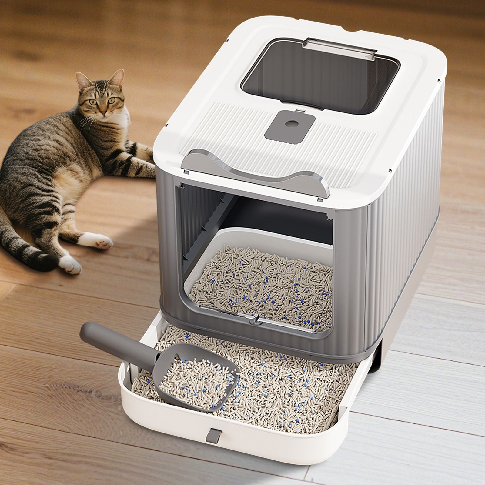 Drawer style cat litter box with foldable collapsible design in neutral color