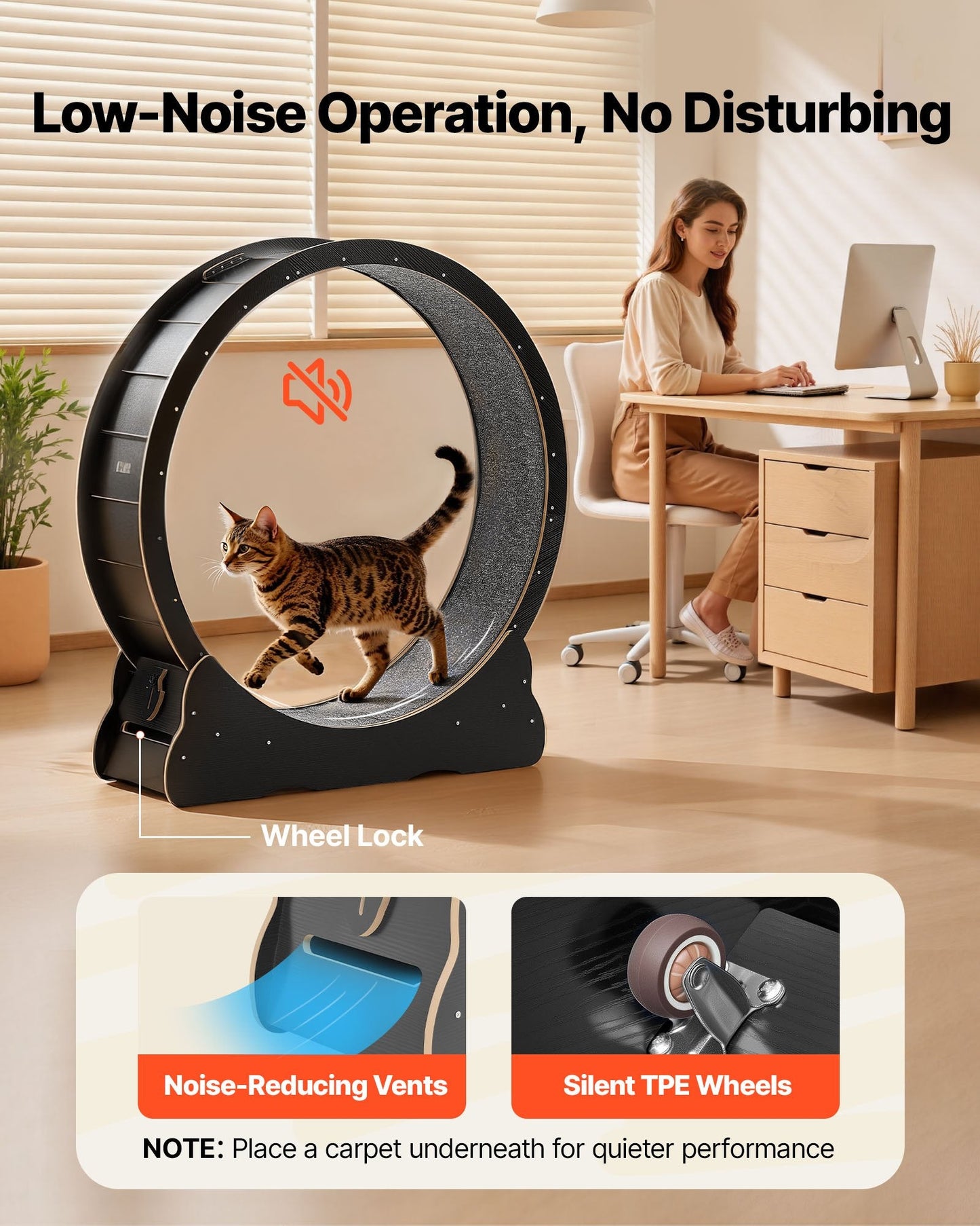 Cat Exercise Wheel, 48 In Wooden Cat Running Wheel For Indoor Cats Up To 28 Lbs, Cats Treadmill With Carpeted Runway, Quiet Kitten Sport Toys For Pets Fitness & Health, Black
